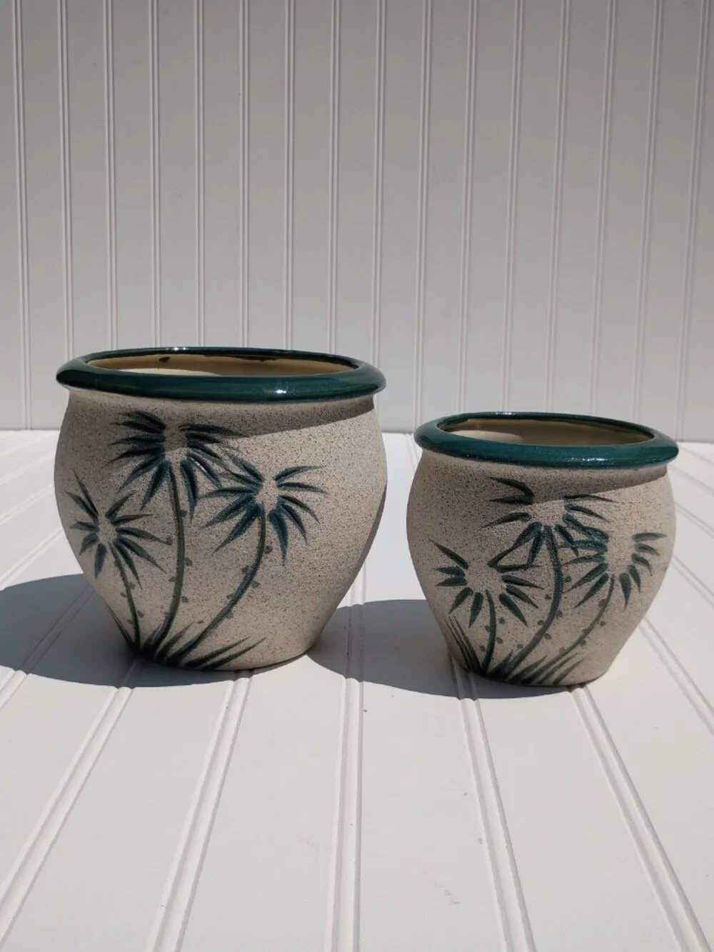 Vintage Pair of Pottery Planters Palm Tree Sandstone Glazed Ceramic Flower Pots